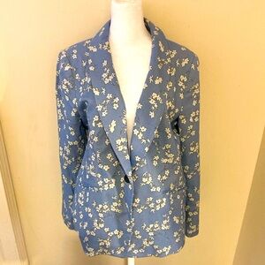Talbots Floral Jacquard Lined Cotton-blend Blue & White Blazer 16P